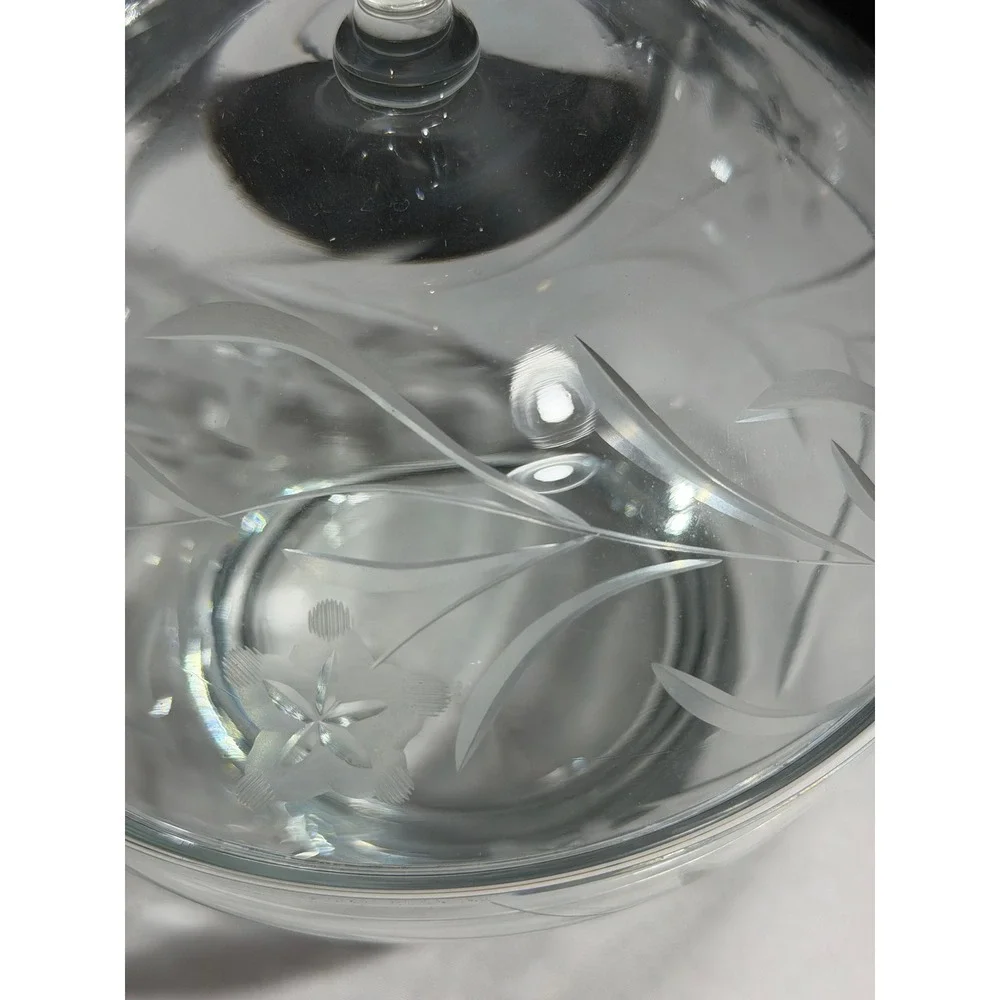 Vintage Etched Clear Glass Candy Dish with Lid Floral Pattern Pedestal Bowl